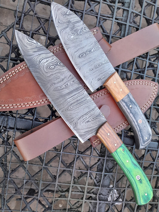 CUSTOM HANDMADE DAMASCUS STEEL BLADE CHEF KNIFE/KITCHEN KNIFE PAKKA WOOD HANDLE WITH LEATHER SHEATHS