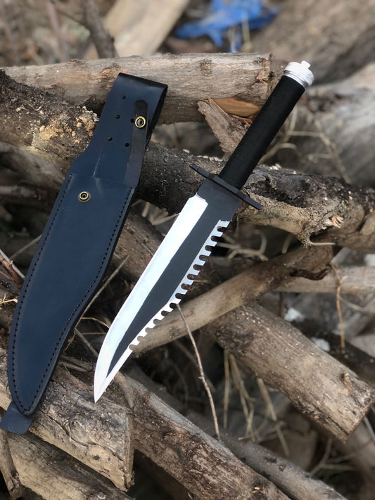 CUSTOM HANDMADE D2 TOOL STEEL COATED BLADE HUNTING SURVIVAL REPLICA RAMBO FIRST BLOOD PART 2 BOWIE KNIFE CORD WRAPPED HANDLE WITH LEATHER SHEATH