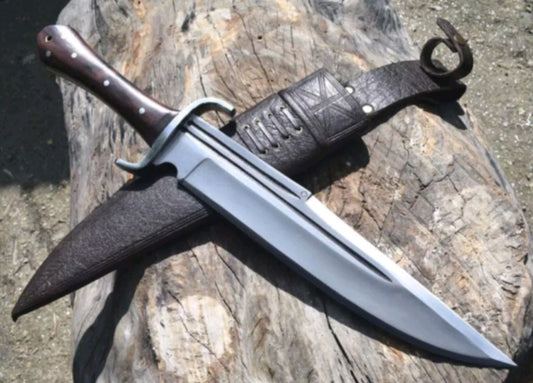 CUSTOM HANDMADE 1095 CARBON STEEL BLADE HUNTING SURVIVAL CAMPING BOWIE KNIFE WOODEN HANDLE WITH LEATHER SHEATH