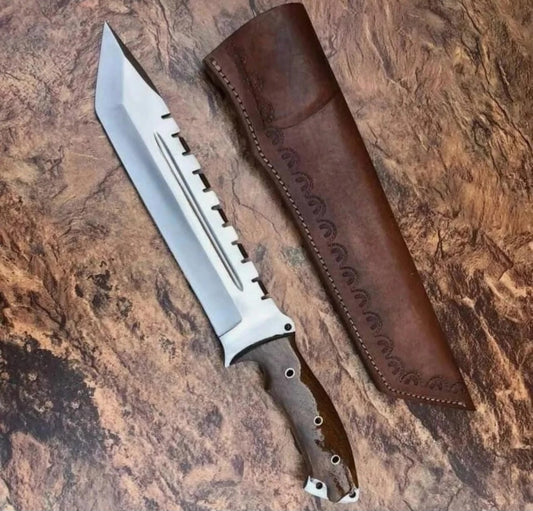 CUSTOM HANDMADE 1095 CARBON STEEL BLADE HUNTING SURVIVAL CAMPING BOWIE KNIFE WOODEN HANDLE WITH LEATHER SHEATH
