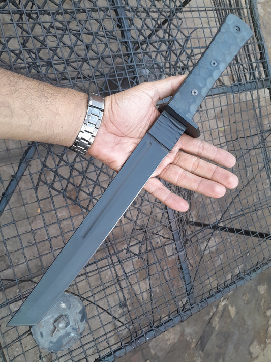 CUSTOM HANDMADE 1095 CARBON STEEL COATED BLACK BLADE HUNTING SURVIVAL CAMPING MACHETE KNIFE MICARTA HANDLE WITH LEATHER SHEATH