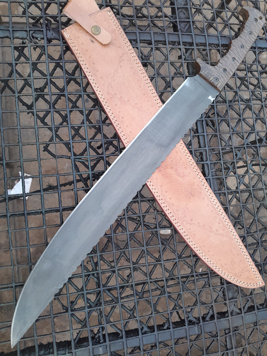 CUSTOM HANDMADE D2 TOOL STEEL BLADE HUNTING SURVIVAL CAMPING MACHETE KNIFE WOODEN HANDLE WITH LEATHER SHEATH
