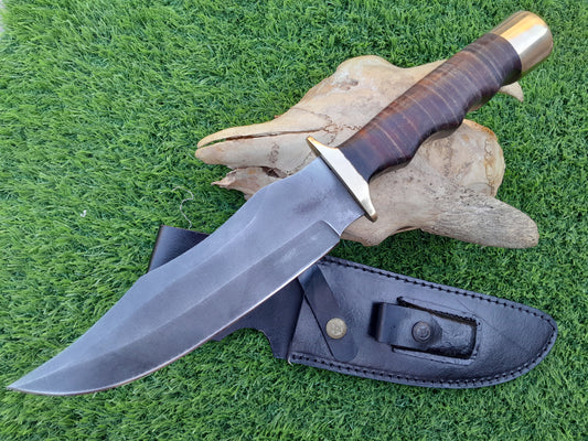 CUSTOM HANDMADE CARBON STEEL BLADE HUNTING SURVIVAL CAMPING BOWIE KNIFE LEATHER HANDLE WITH LEATHER SHEATH