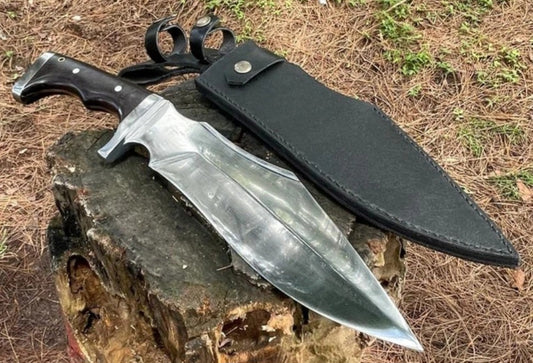 CUSTOM HANDMADE SPRING LEAF CARBON STEEL BLADE HUNTING SURVIVAL CAMPING BOWIE KNIFE WOODEN HANDLE WITH LEATHER SHEATH