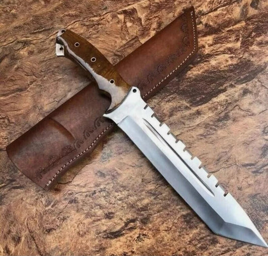 CUSTOM HANDMADE 1095 CARBON STEEL BLADE HUNTING SURVIVAL CAMPING BOWIE KNIFE WOODEN HANDLE WITH LEATHER SHEATH