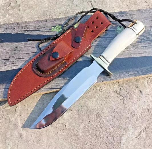 CUSTOM HANDMADE D2 TOOL STEEL BLADE HUNTING SURVIVAL CAMPING BOWIE KNIFE BONE HANDLE WITH LEATHER SHEATH