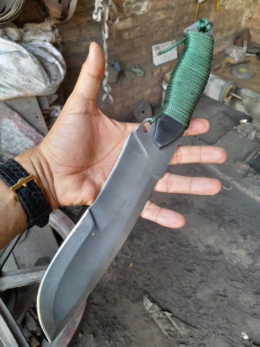 CUSTOM HANDMADE HUNTING BOWIE KNIFE CARBON STEEL ACID BLACK BLADE CORD WRAPPED WITH LEATHER SHEATH