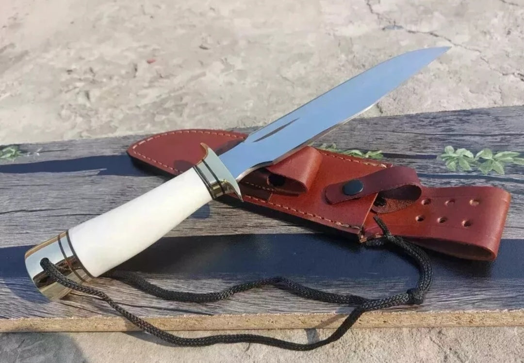 CUSTOM HANDMADE D2 TOOL STEEL BLADE HUNTING SURVIVAL CAMPING BOWIE KNIFE BONE HANDLE WITH LEATHER SHEATH