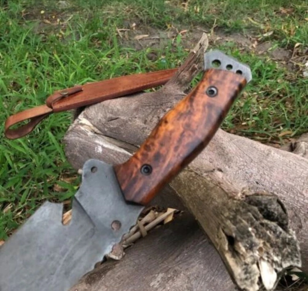 Custom handmade carbon steel acid black blade bowie knife with wooden handle and leather sheath