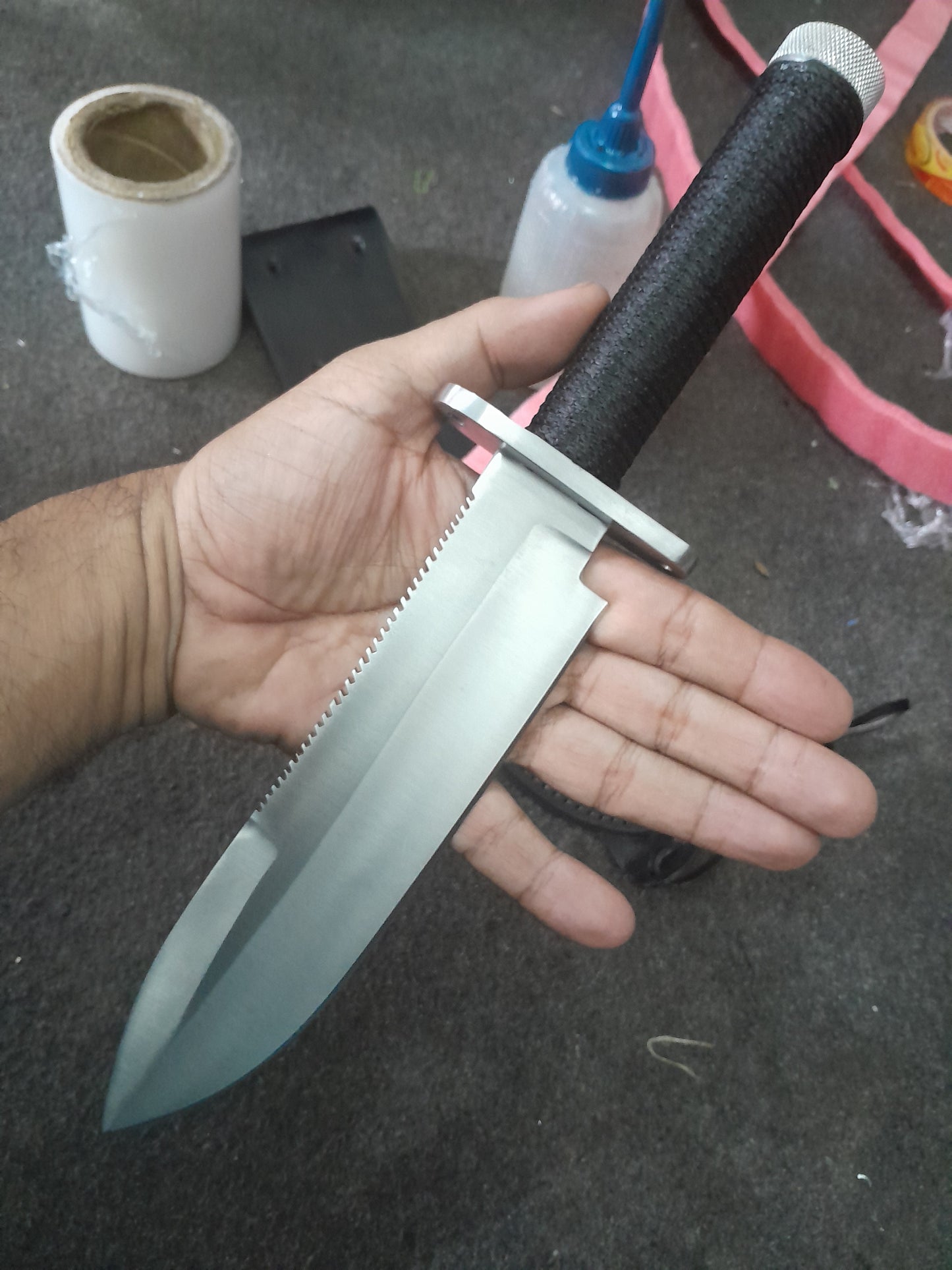 CUSTOM HANDMADE D2 TOOL STEEL BLADE HUNTING SURVIVAL CAMPING BOWIE KNIFE CORD WRAPPED HANDLE WITH LEATHER SHEATH