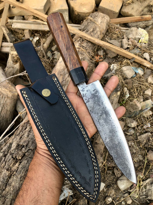 CUSTOM HANDMADE CARBON STEEL BLADE CHEF KNIFE/KITCHEN KNIFE WOODEN HANDLE WITH LEATHER SHEATH
