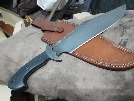 CUSTOM HANDMADE CARBON STEEL BLADE HUNTING SURVIVAL CAMPING BOWIE KNIFE MICARTA HANDLE WITH LEATHER SHEATH