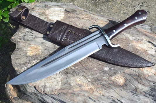 CUSTOM HANDMADE 1095 CARBON STEEL BLADE HUNTING SURVIVAL CAMPING BOWIE KNIFE WOODEN HANDLE WITH LEATHER SHEATH