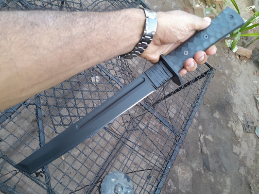 CUSTOM HANDMADE D2 TOOL STEEL BLADE HUNTING SURVIVAL CAMPING COATED MACHETE KNIFE MICARTA HANDLE WITH LEATHER SHEATH