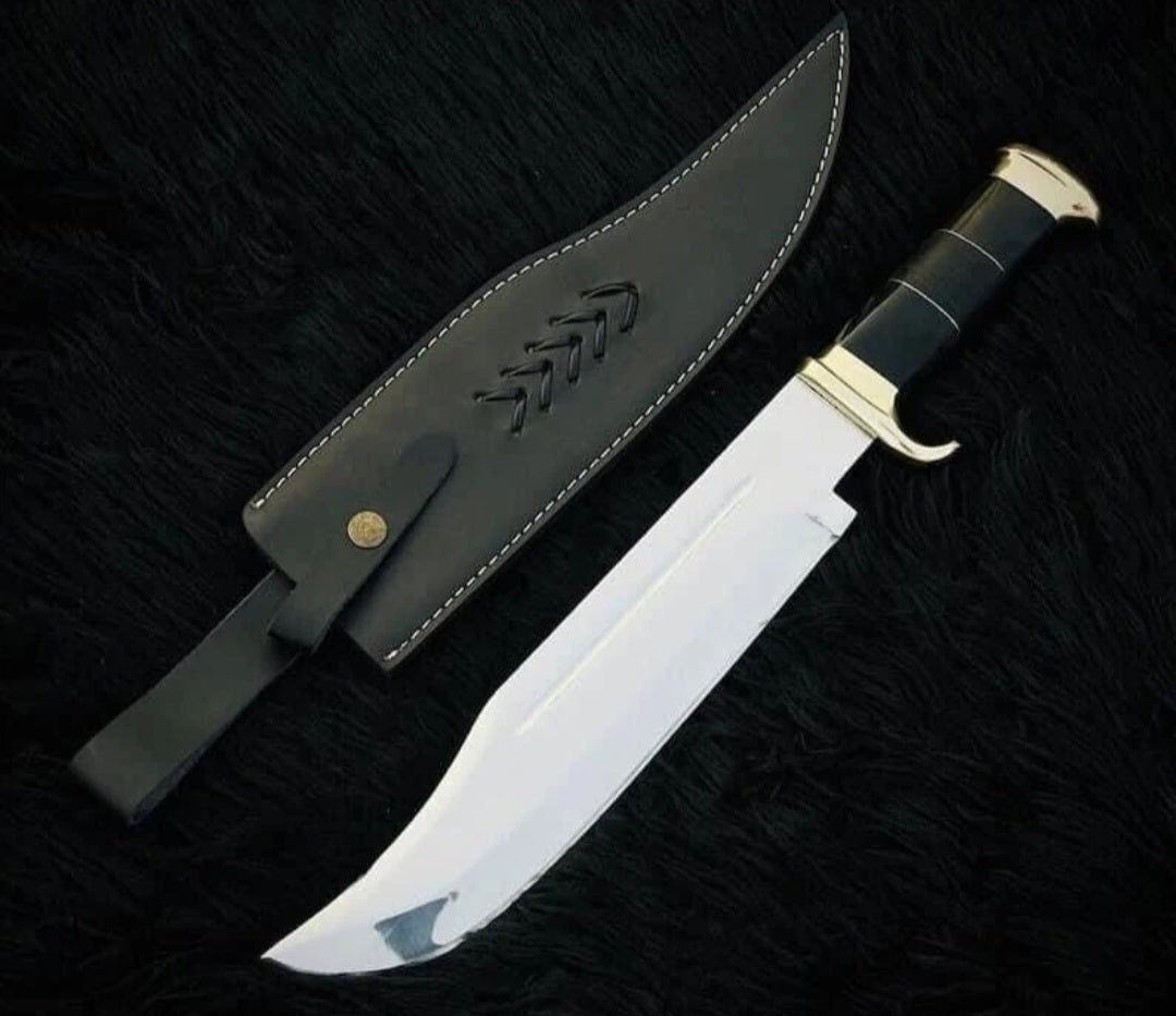 CUSTOM HANDMADE SPRING LEAF CARBON STEEL BLADE HIGH POLISH HUNTING SURVIVAL CAMPING BOWIE KNIFE WOODEN HANDLE WITH LEATHER SHEATH
