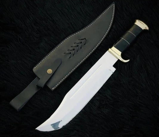 CUSTOM HANDMADE SPRING LEAF CARBON STEEL BLADE HIGH POLISH HUNTING SURVIVAL CAMPING BOWIE KNIFE WOODEN HANDLE WITH LEATHER SHEATH