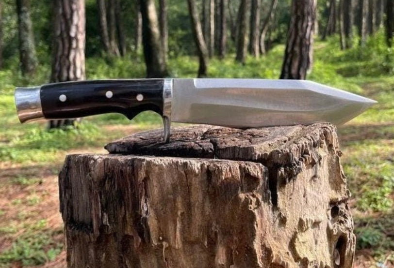 CUSTOM HANDMADE SPRING LEAF CARBON STEEL BLADE HUNTING SURVIVAL CAMPING BOWIE KNIFE WOODEN HANDLE WITH LEATHER SHEATH