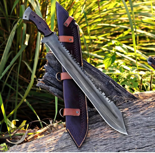CUSTOM HANDMADE 1095 CARBON STEEL ACID BLACK BLADE HUNTING SURVIVAL CAMPING BUSHCRAFT MACHETE KNIFE WOODEN HANDLE WITH LEATHER SHEATH
