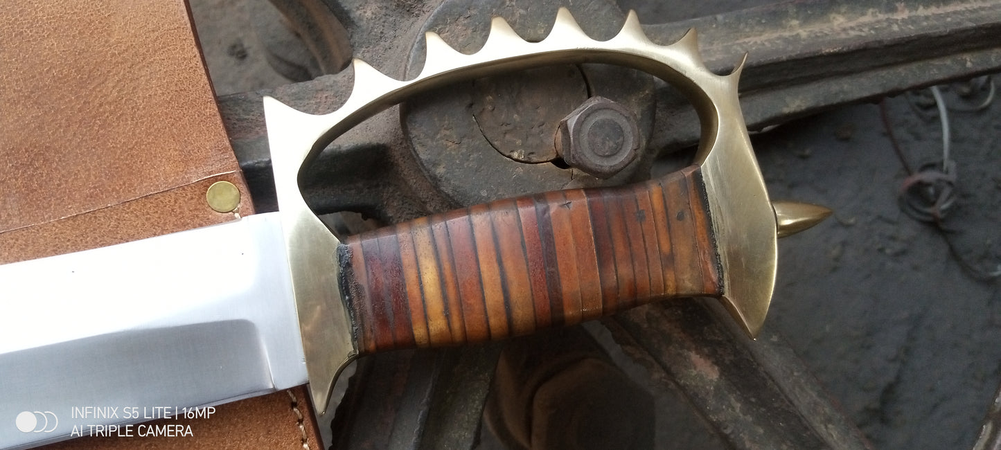 CUSTOM HANDMADE D2 TOOL STEEL BLADE HUNTING SURVIVAL CAMPING BOWIE KNIFE D GUARD BRASS & LEATHER HANDLE WITH LEATHER SHEATH