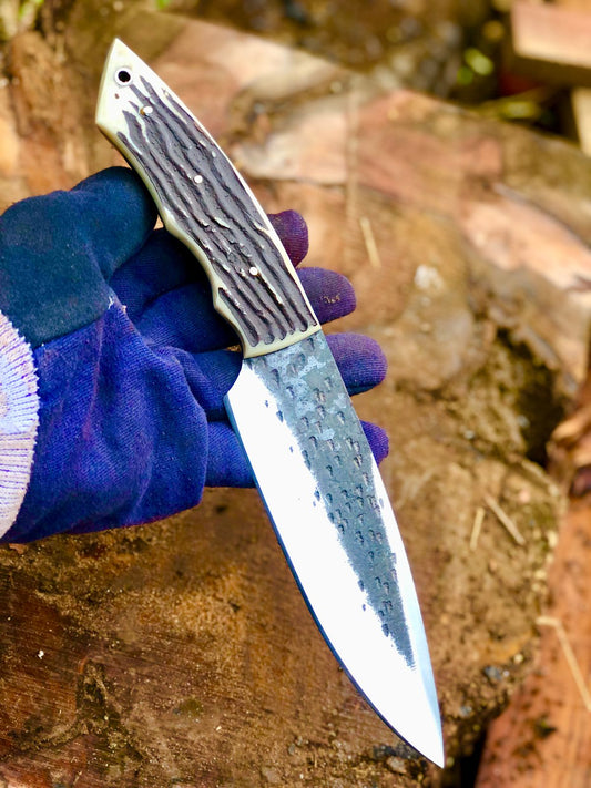 CUSTOM HANDMADE CARBON STEEL BLADE HUNTING BOWIE KNIFE STAG/ANTLER HANDLE WITH LEATHER SHEATH