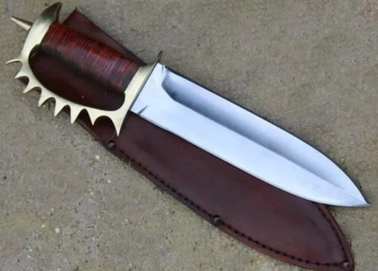CUSTOM HANDMADE D2 TOOL STEEL BLADE HUNTING SURVIVAL CAMPING BOWIE KNIFE D GUARD BRASS & LEATHER HANDLE WITH LEATHER SHEATH