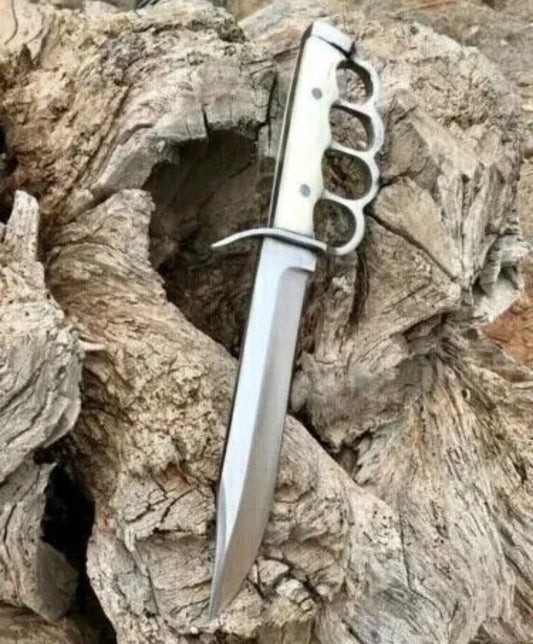 CUSTOM HANDMADE D2 TOOL STEEL BLADE HUNTING SURVIVAL CAMPING BOWIE KNIFE BONE HANDLE WITH LEATHER SHEATH