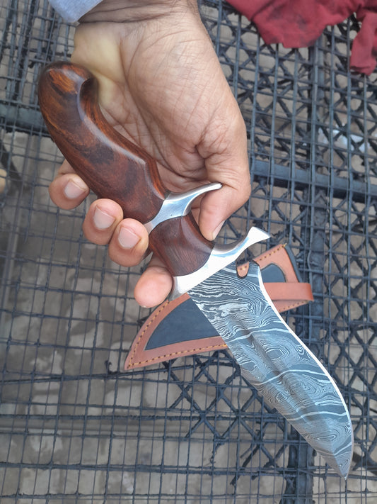 CUSTOM HANDMADE DAMASCUS STEEL BLADE HUNTING BOWIE KNIFE WOODEN HANDLE WITH LEATHER SHEATH