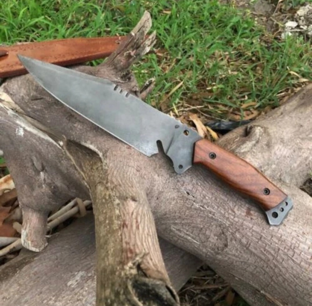 CUSTOM HANDMADE CARBON STEEL BLADE HUNTING BOWIE KNIFE WOODEN HANDLE WITH LEATHER SHEATH