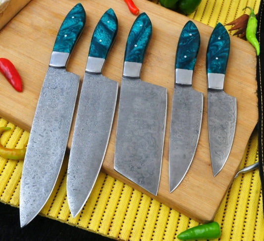 CUSTOM HANDMADE DAMASCUS STEEL BLADES 5 PCS BBQ KITCHEN CHEF KNIFE SET RESIN HANDLES WITH LEATHER BAG