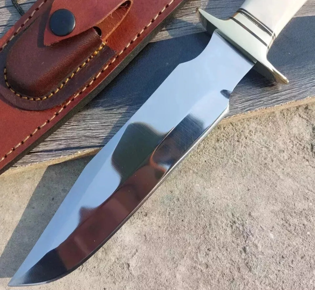 CUSTOM HANDMADE D2 TOOL STEEL BLADE HUNTING SURVIVAL CAMPING BOWIE KNIFE BONE HANDLE WITH LEATHER SHEATH