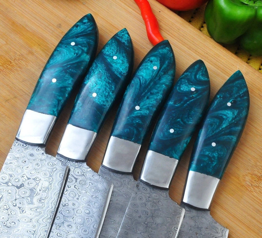 CUSTOM HANDMADE DAMASCUS STEEL BLADES 5 PCS BBQ KITCHEN CHEF KNIFE SET RESIN HANDLES WITH LEATHER BAG