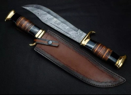 CUSTOM HANDMADE DAMASCUS STEEL BLADE HUNTING SURVIVAL CAMPING BOWIE KNIFE MICARTA & LEATHER HANDLE WITH LEATHER SHEATH