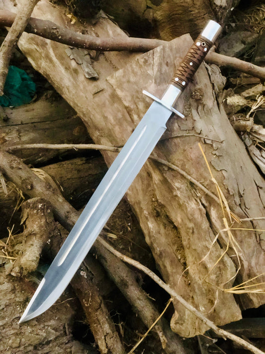 CUSTOM HANDMADE D2 TOOL STEEL BLADE HUNTING SURVIVAL MACHETE KNIFE WOODEN HANDLE WITH LEATHER SHEATH