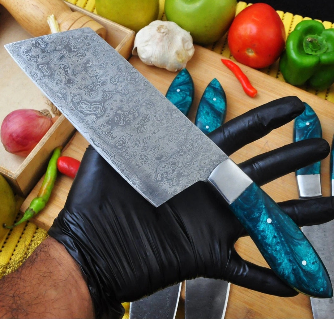 CUSTOM HANDMADE DAMASCUS STEEL BLADES 5 PCS BBQ KITCHEN CHEF KNIFE SET RESIN HANDLES WITH LEATHER BAG