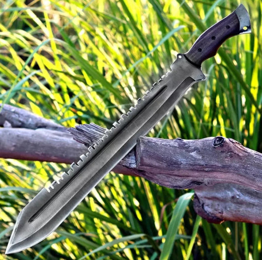 CUSTOM HANDMADE 1095 CARBON STEEL ACID BLACK BLADE HUNTING SURVIVAL CAMPING BUSHCRAFT MACHETE KNIFE WOODEN HANDLE WITH LEATHER SHEATH