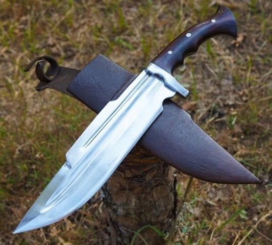 CUSTOM HANDMADE 1095 CARBON STEEL BLADE HUNTING SURVIVAL CAMPING BOWIE KNIFE WOODEN HANDLE WITH LEATHER SHEATH