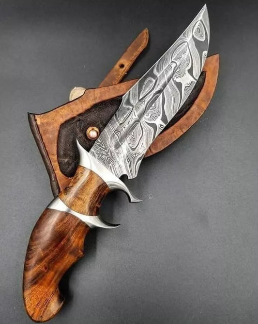 CUSTOM HANDMADE DAMASCUS STEEL BLADE SURVIVAL CAMPING HUNTING KNIFE WOODEN HANDLE WITH LEATHER SHEATH