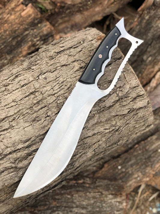 CUSTOM HANDMADE CARBON STEEL BLADE HUNTING BOWIE KNIFE MICARTA HANDLE WITH LEATHER SHEATH