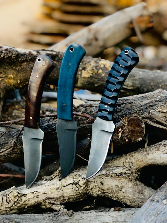 CUSTOM HANDMADE CARBON STEEL BLADES 3 COMPATIBLE REPLICA WINKLER KNIFE MICARTA & WOODEN HANDLES WITH LEATHER SHEATHS