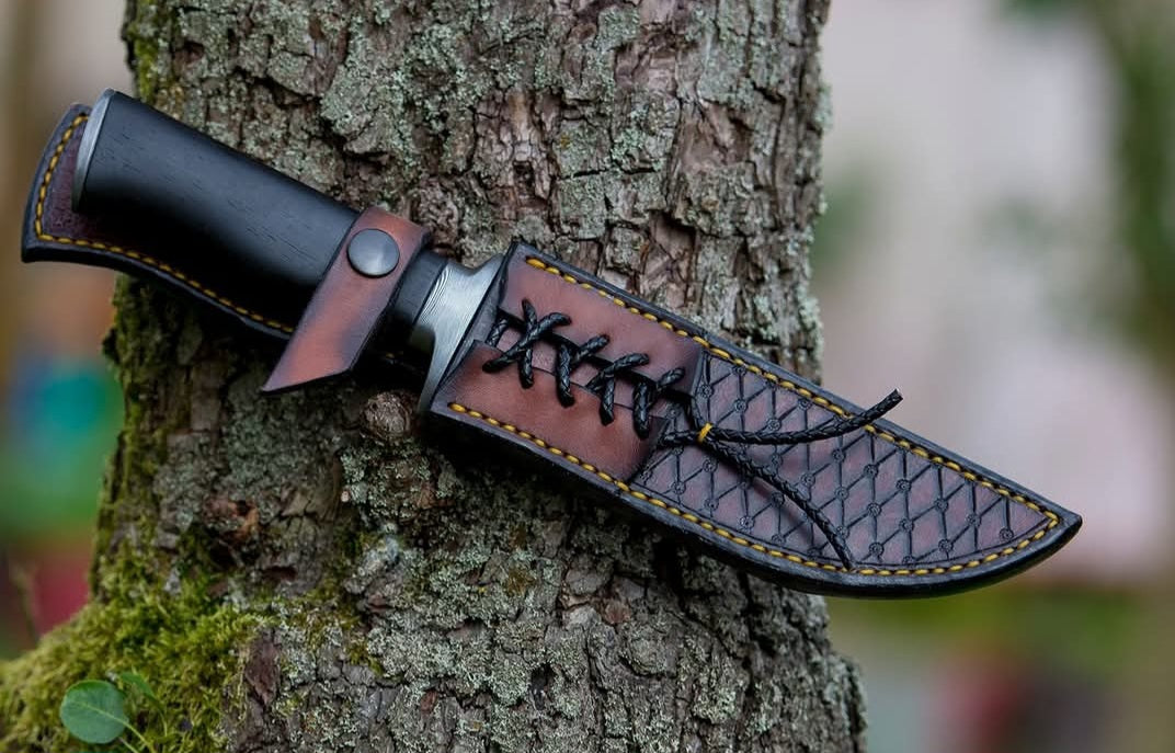 CUSTOM HANDMADE DAMASCUS STEEL BLADE HUNTING SURVIVAL CAMPING BOWIE KNIFE MICARTA HANDLE WITH LEATHER SHEATH