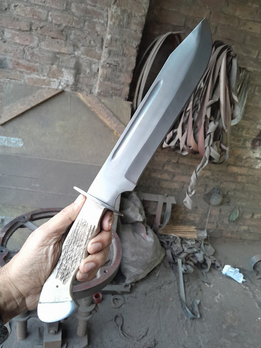 CUSTOM HANDMADE CARBON STEEL BLADE HUNTING SURVIVAL CAMPING BOWIE KNIFE STAG/ANTLER HANDLE WITH LEATHER SHEATH