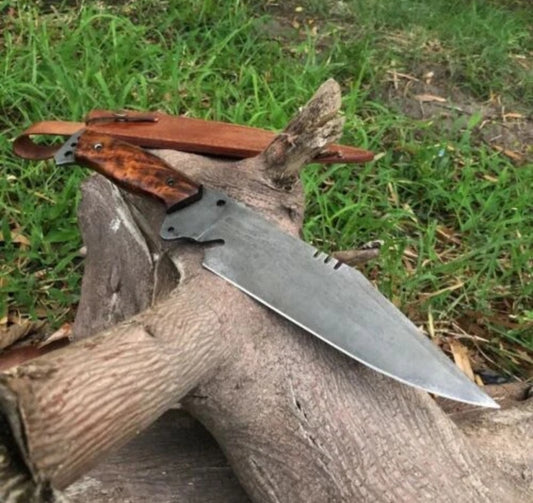 Custom handmade carbon steel acid black blade bowie knife with wooden handle and leather sheath