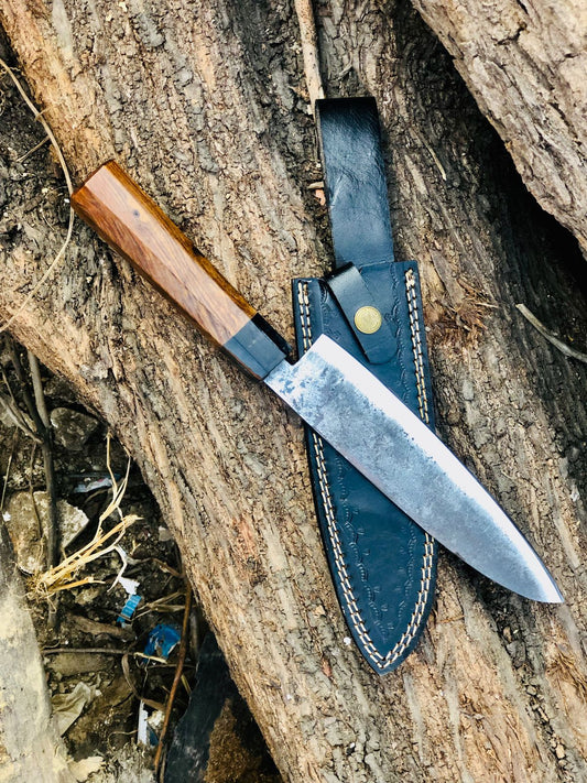 CUSTOM HANDMADE CARBON STEEL BLADE CHEF KNIFE/KITCHEN KNIFE WOODEN HANDLE WITH LEATHER SHEATH