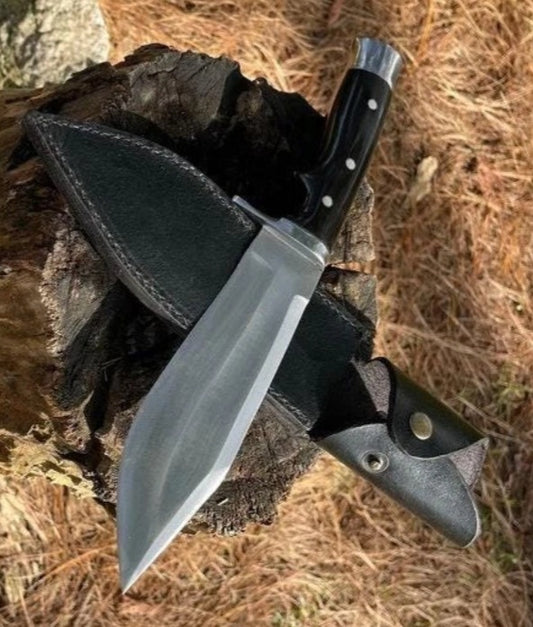 CUSTOM HANDMADE SPRING LEAF CARBON STEEL BLADE HUNTING SURVIVAL CAMPING BOWIE KNIFE WOODEN HANDLE WITH LEATHER SHEATH
